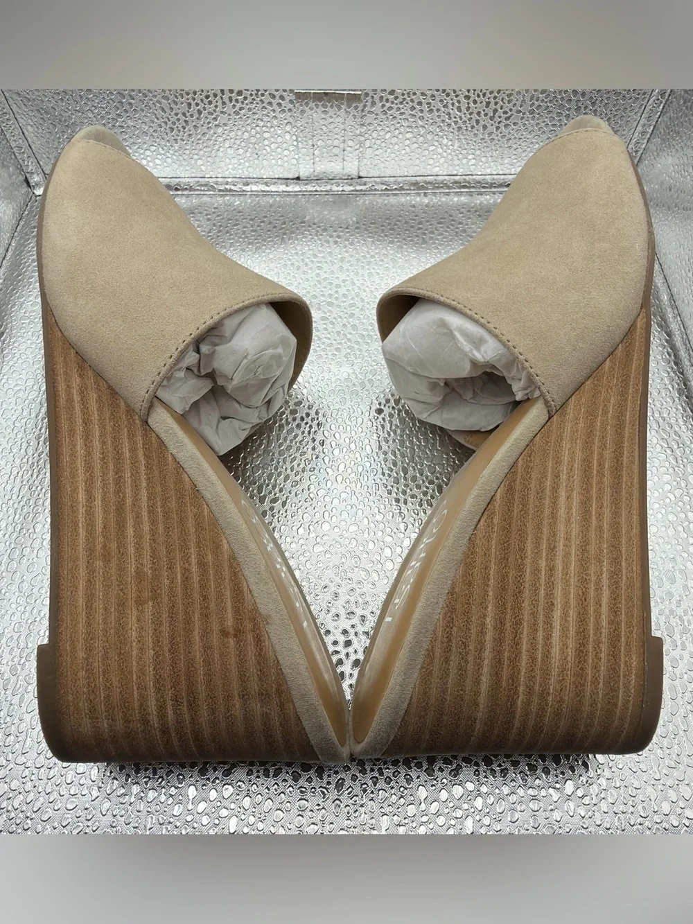 Franco Sarto Beige Suede Wedge Slide Sandals